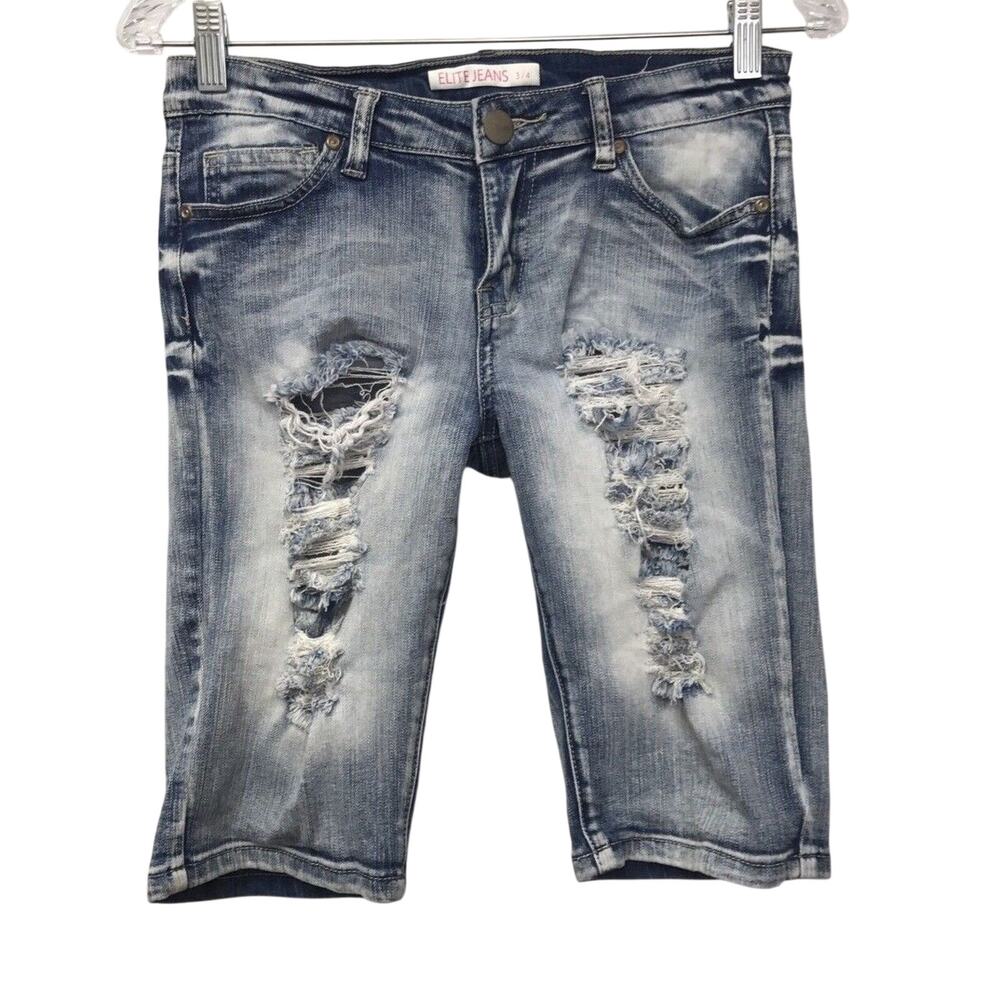 Elite Jeans Shorts Juniors 3 4 Denim Blue Distressed